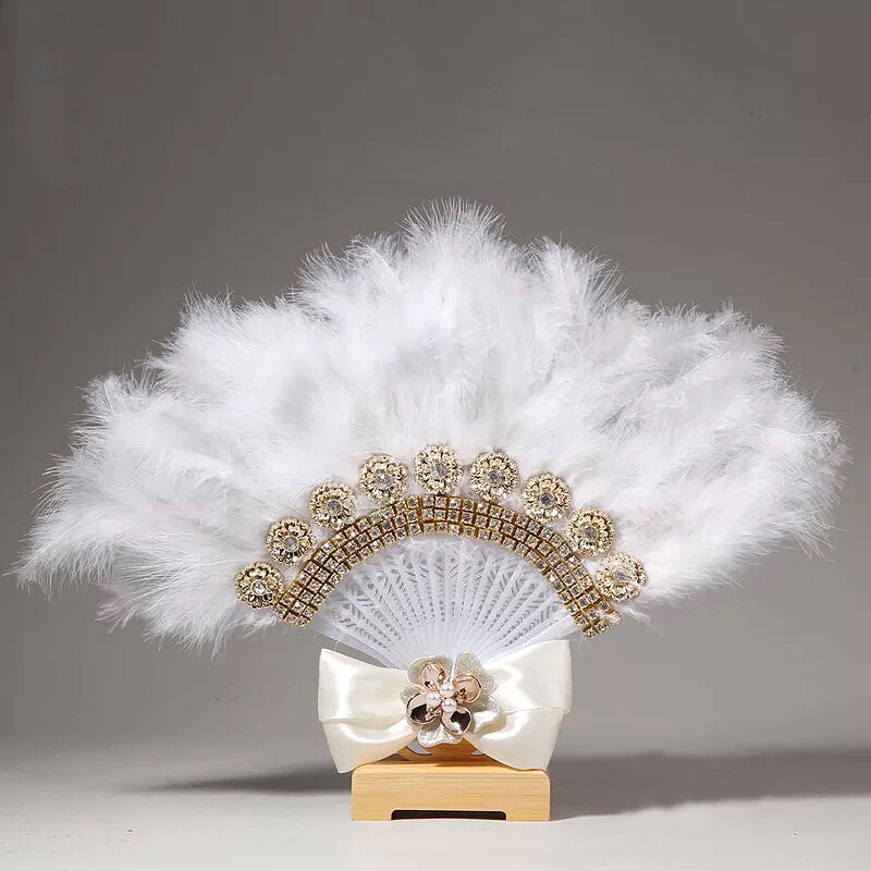 Eventail mariage plumes or