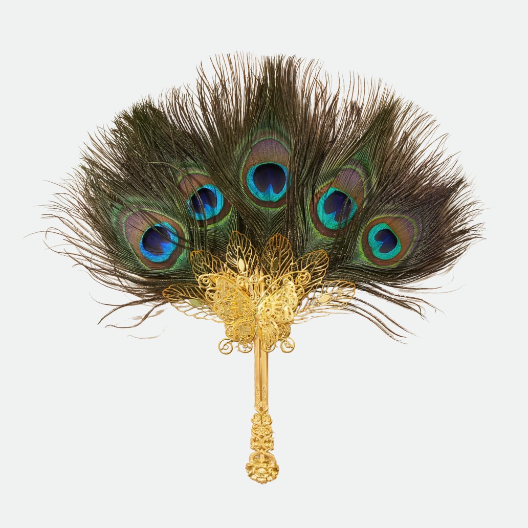 eventail plumes paon or