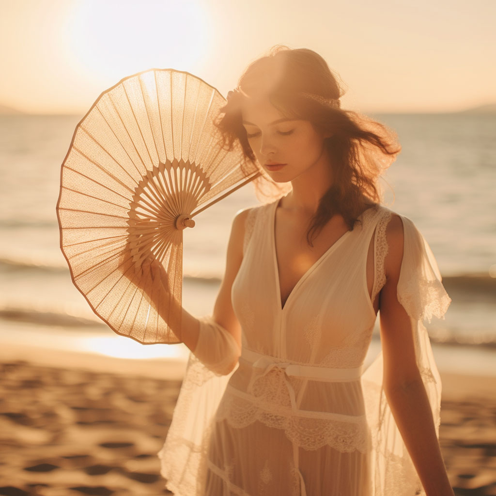 Jeune femme portant un éventail sur une plage d'Ibiza
