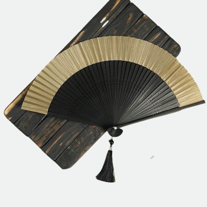 eventail japonais or dore bambou noir