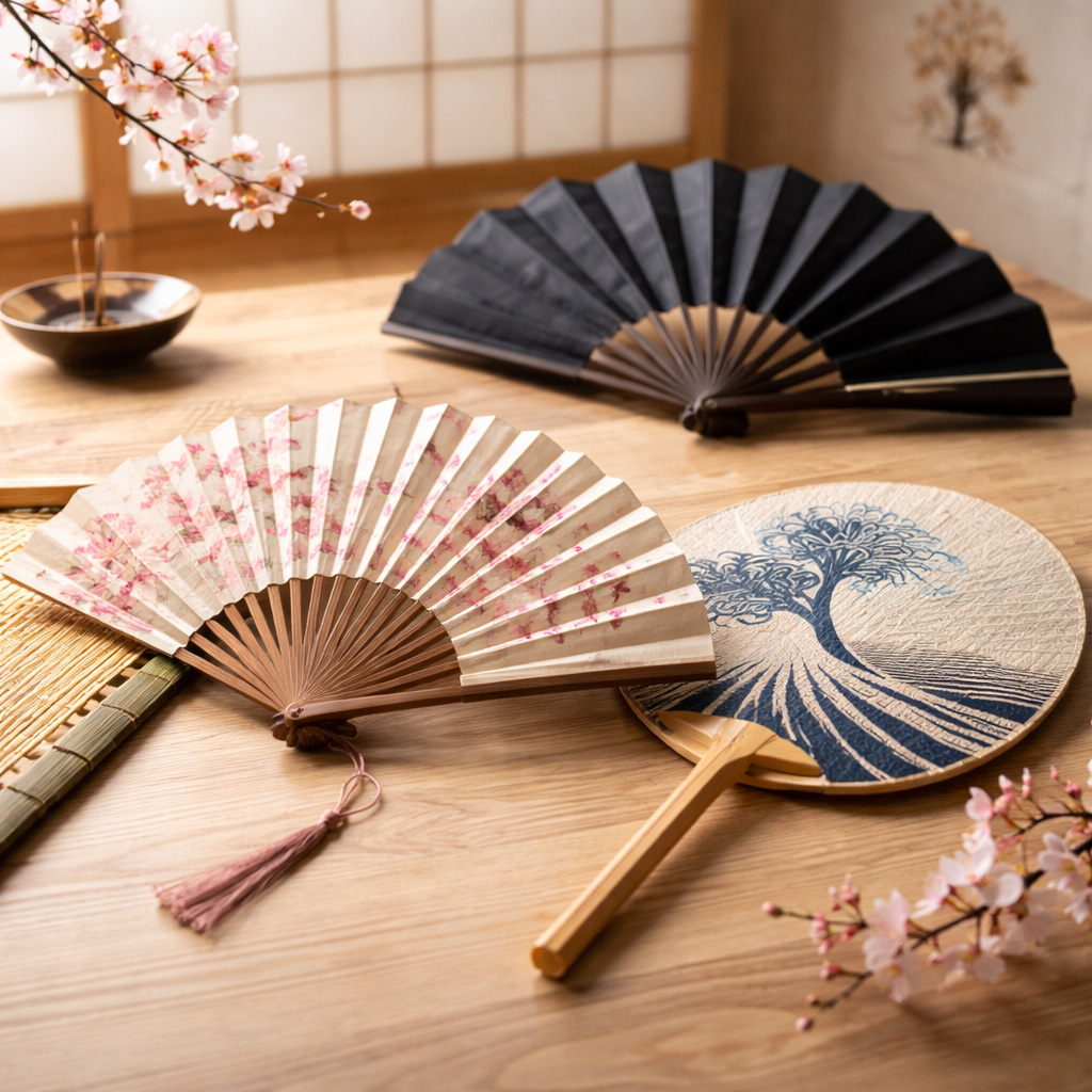 &Eacute;ventail japonais traditionnel sensu, uchiwa et tessen pr&eacute;sent&eacute;s dans une ambiance minimaliste inspir&eacute;e du Japon
