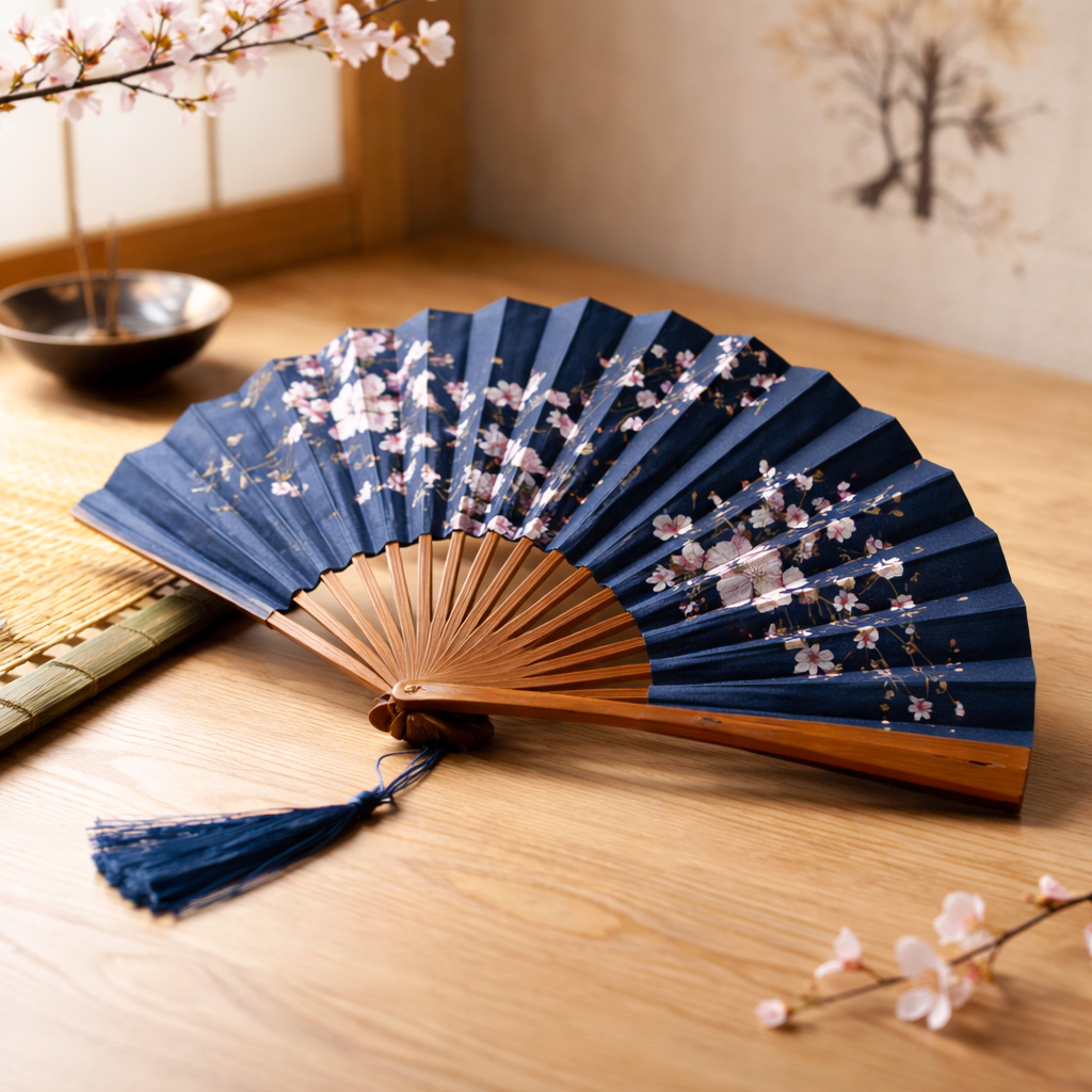 Sensu japonais en bois naturel et tissu bleu indigo avec motif sakura, &eacute;ventail pliable traditionnel haut de gamme