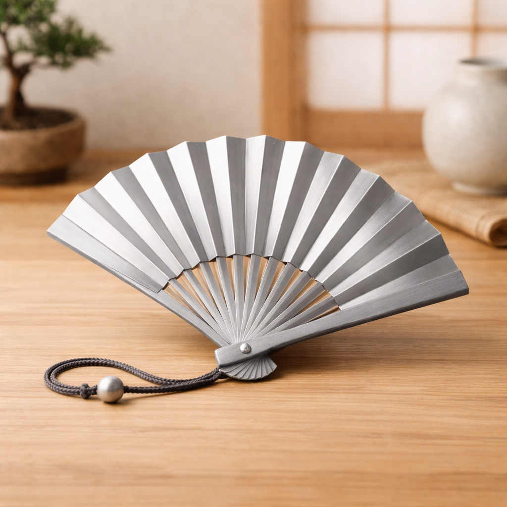 Tessen japonais traditionnel enti&egrave;rement en m&eacute;tal clair, &eacute;ventail japonais &eacute;l&eacute;gant au design minimaliste pos&eacute; sur surface en bois clair.