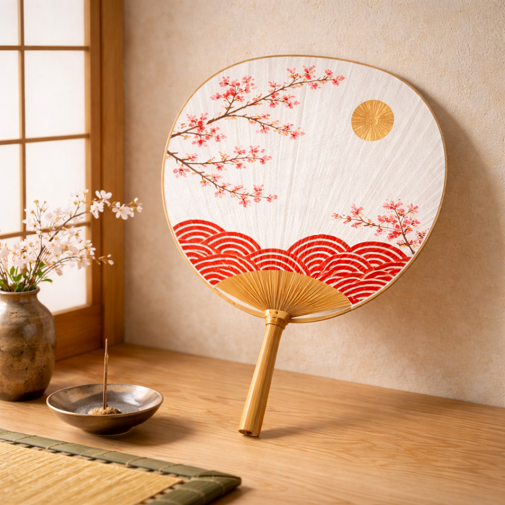 Uchiwa &eacute;ventail japonais rond en bambou et papier washi blanc avec motif traditionnel rouge